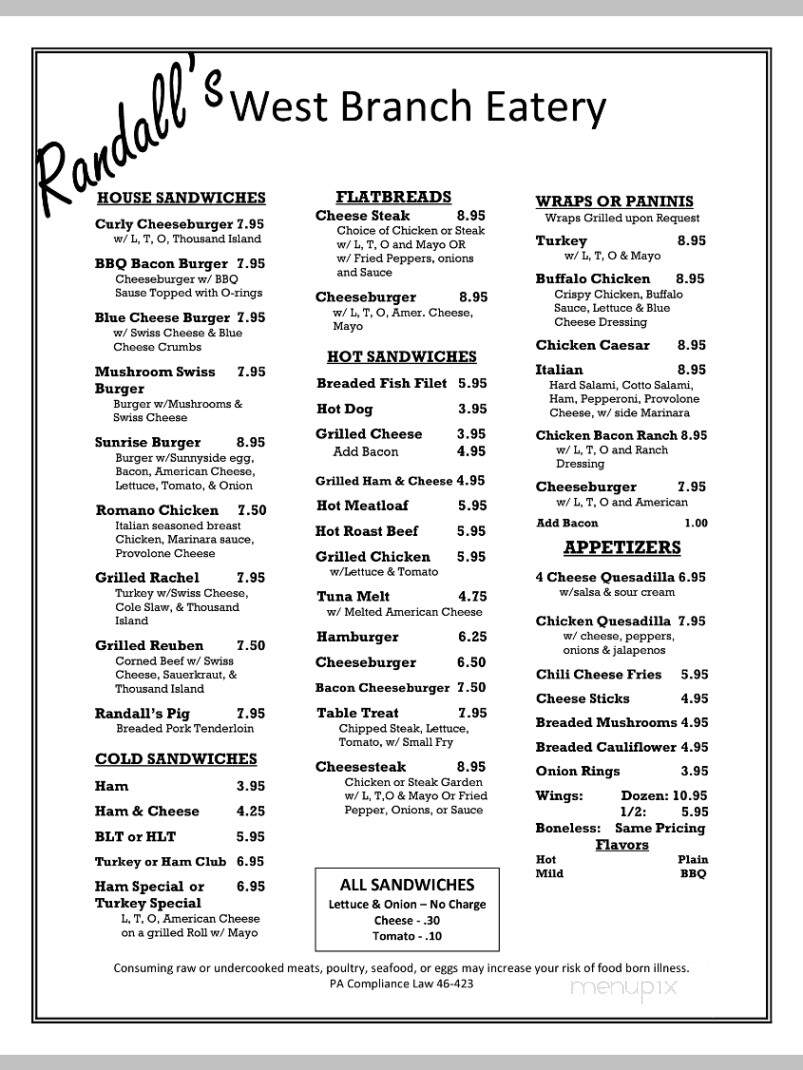Randall's West Branch Eatery - Milton, PA menu_pic