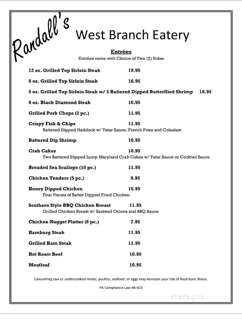 Randall's West Branch Eatery - Milton, PA menu_pic