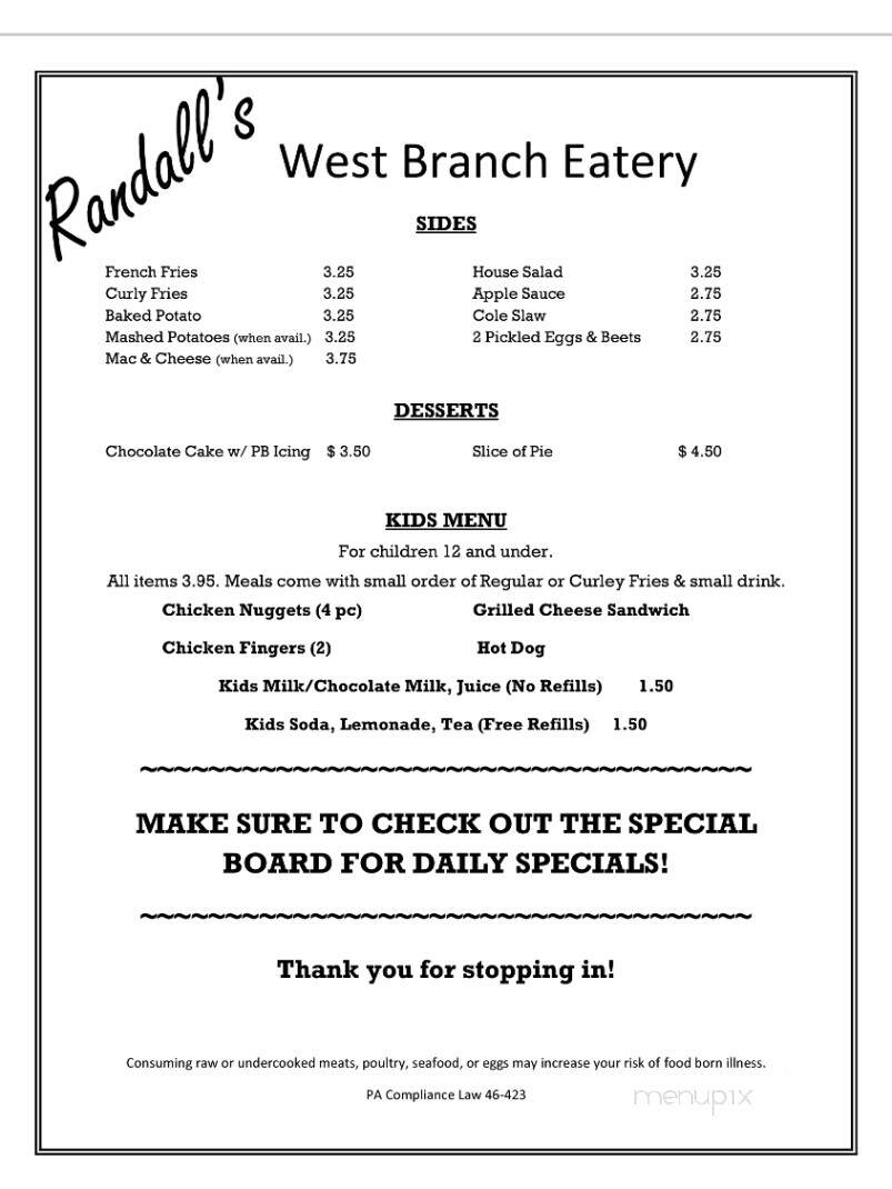 Randall's West Branch Eatery - Milton, PA menu_pic