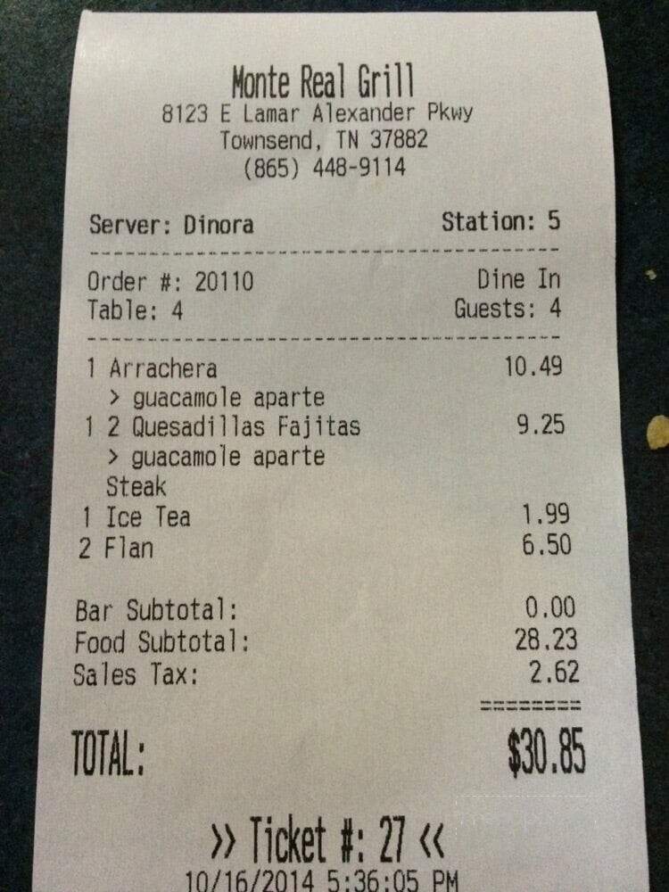 Monte Real Grill - Townsend, TN menu_pic