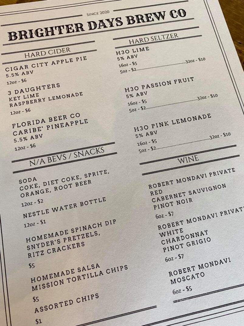 Brighter Days Brewing - Tarpon Springs, FL menu_pic