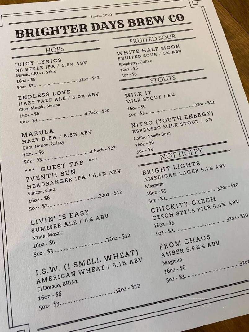 Brighter Days Brewing - Tarpon Springs, FL menu_pic