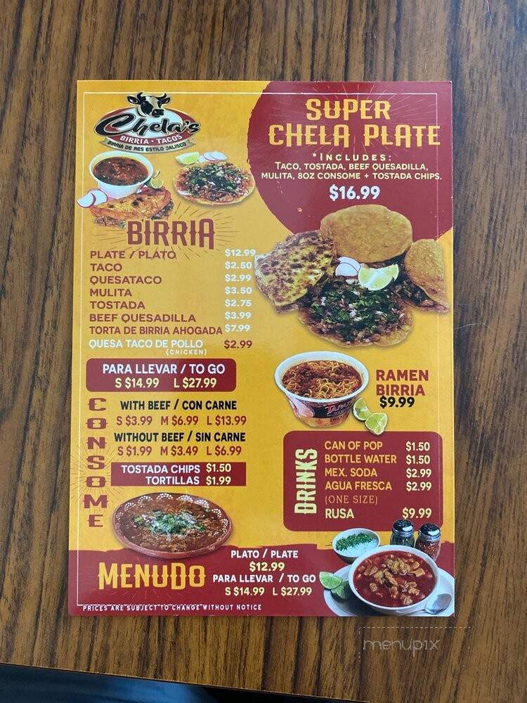 Chela's Birria Tacos - Whiting, IN menu_pic