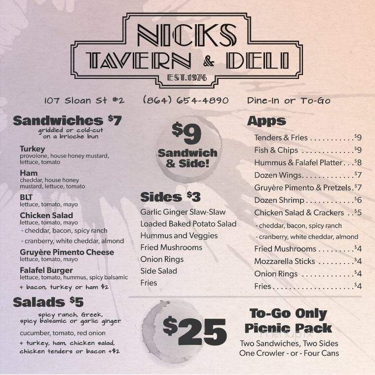 Nick's Tavern & Deli - Clemson, SC menu_pic