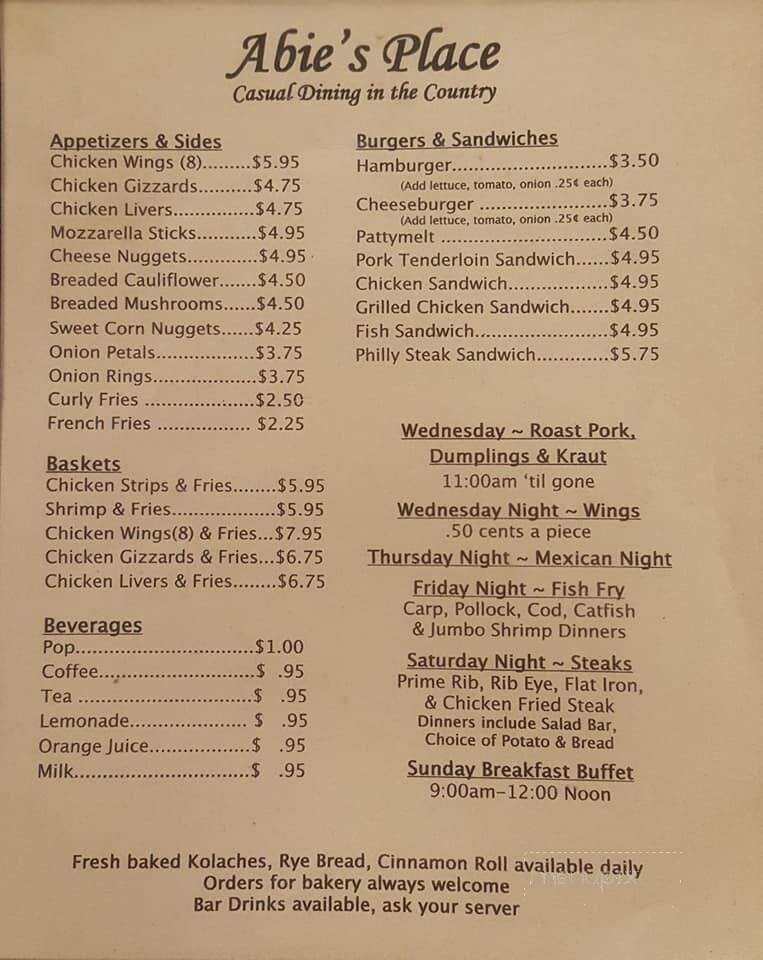 Abie's Place - Bruno, NE menu_pic