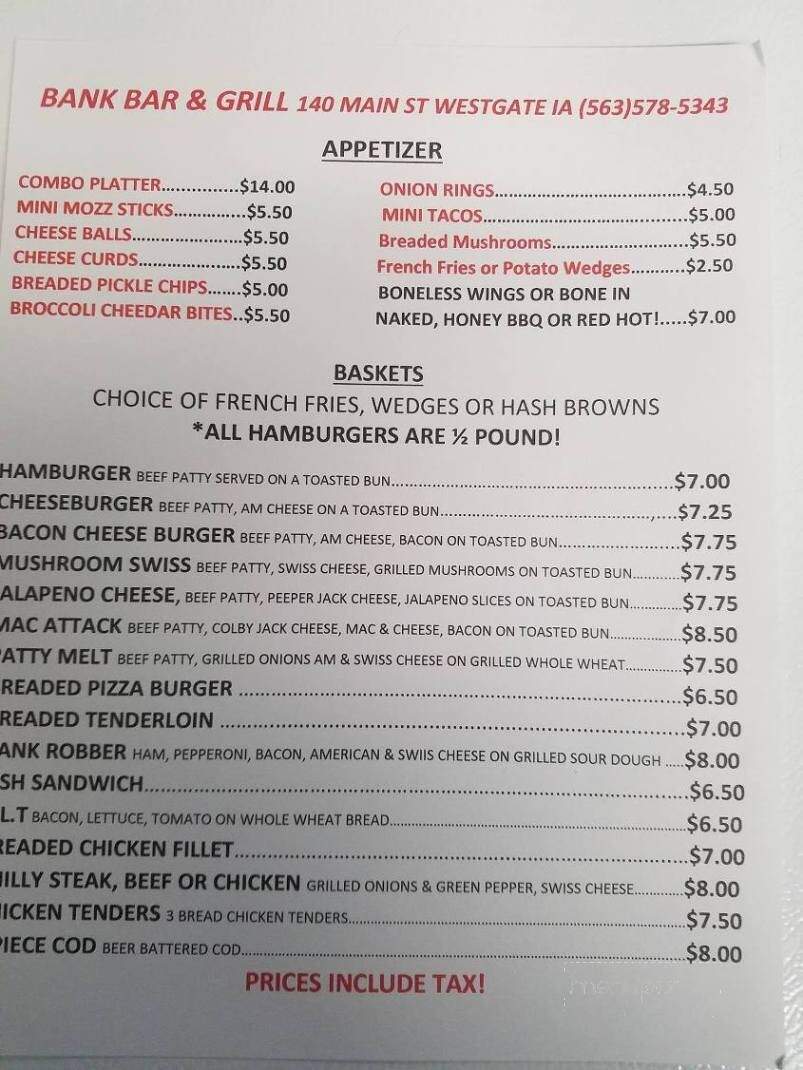 Bank Bar & Grille - Westgate, IA menu_pic