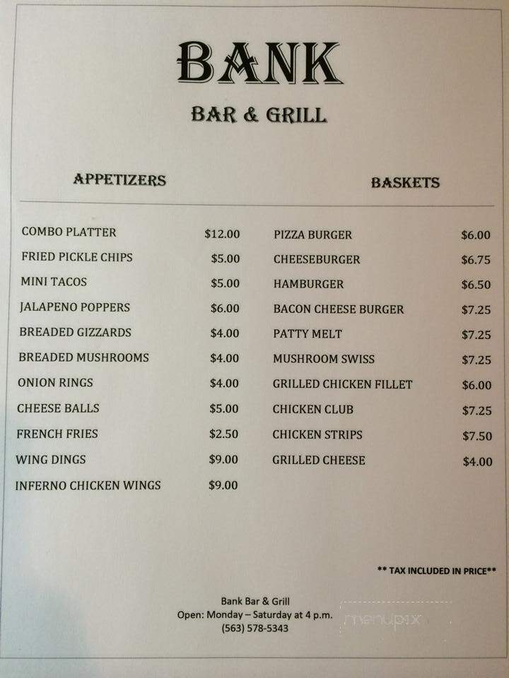 Bank Bar & Grille - Westgate, IA menu_pic