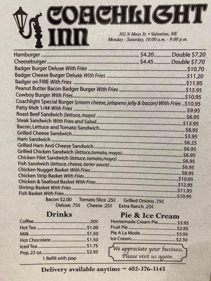 Coach Light Inn - Valentine, NE menu_pic