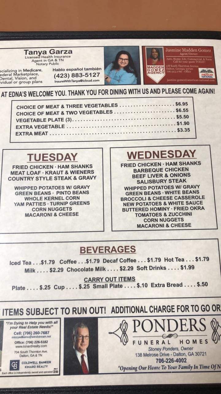 Edna's Restaurant - Chatsworth, GA menu_pic