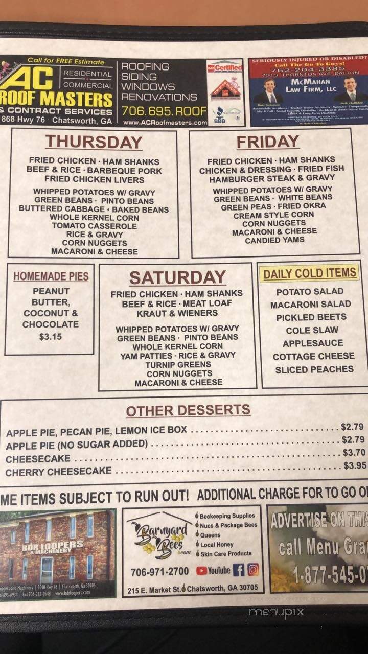 Edna's Restaurant - Chatsworth, GA menu_pic
