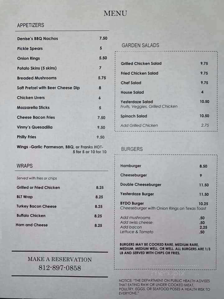 Yesterdaze - Boonville, IN menu_pic