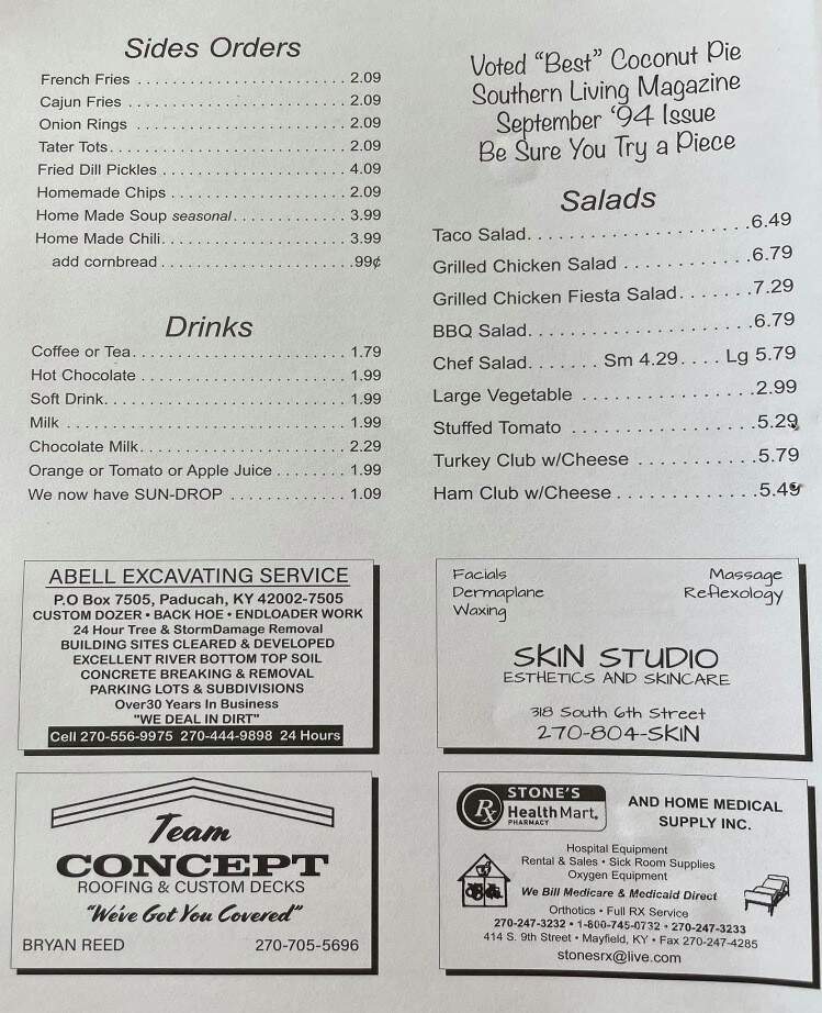 Wilma's Kountry Kitchen - Mayfield, KY menu_pic
