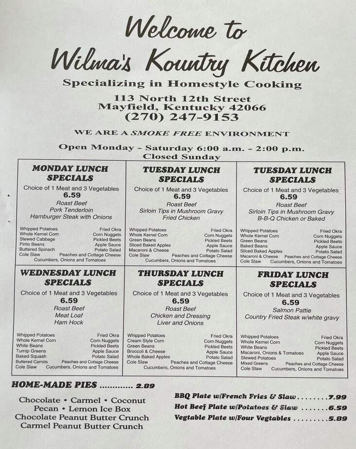 Wilma's Kountry Kitchen - Mayfield, KY menu_pic
