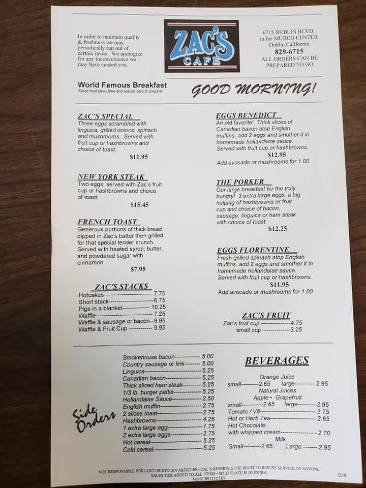 Zac's Cafe - Dublin, CA menu_pic