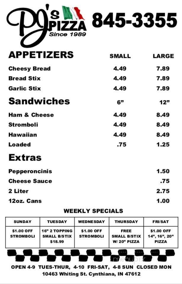 P J's Pizza - Cynthiana, IN menu_pic
