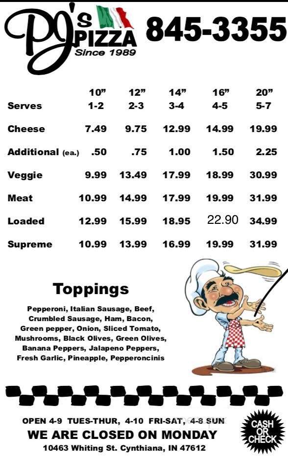 P J's Pizza - Cynthiana, IN menu_pic