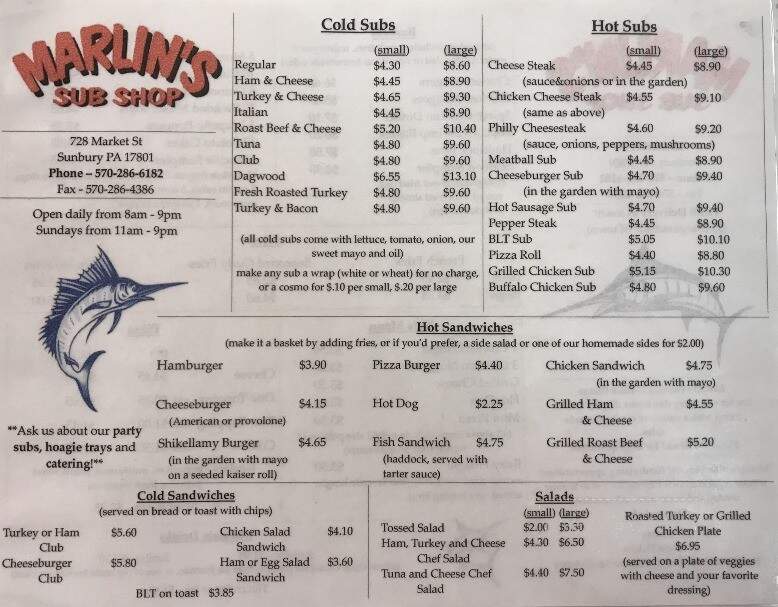 Marlin's Sub Shop - Sunbury, PA menu_pic