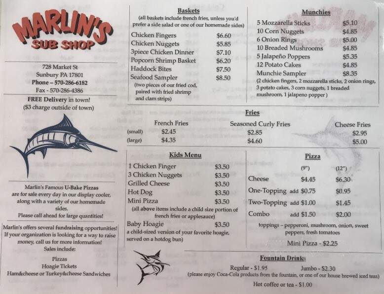 Marlin's Sub Shop - Sunbury, PA menu_pic