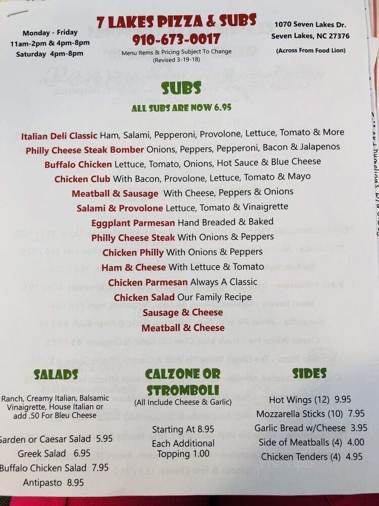 Seven Lakes Pizza Kitchen - West End, NC menu_pic