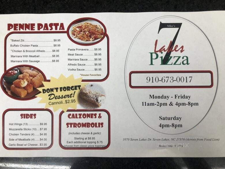 Seven Lakes Pizza Kitchen - West End, NC menu_pic
