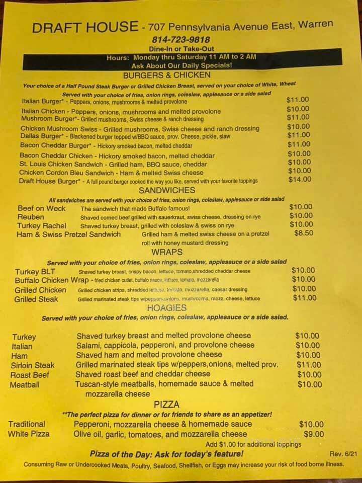 Draft House - Warren, PA menu_pic