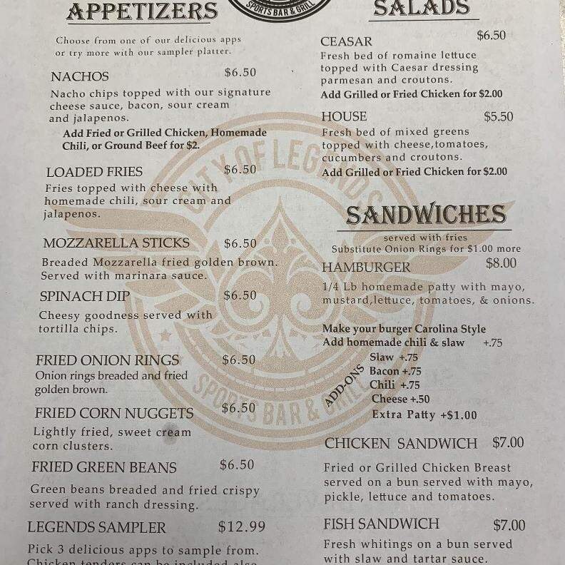 City Of Legends Sports Bar & Grill - Spindale, NC menu_pic