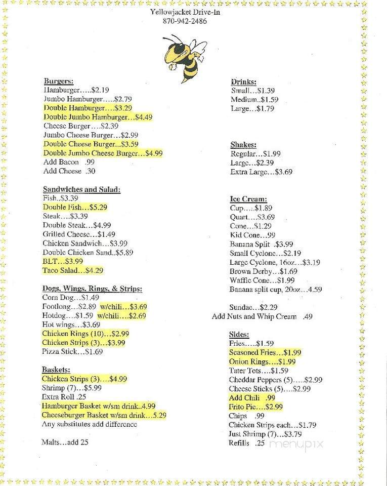 Yellowjacket Drive-in - Sheridan, AR menu_pic