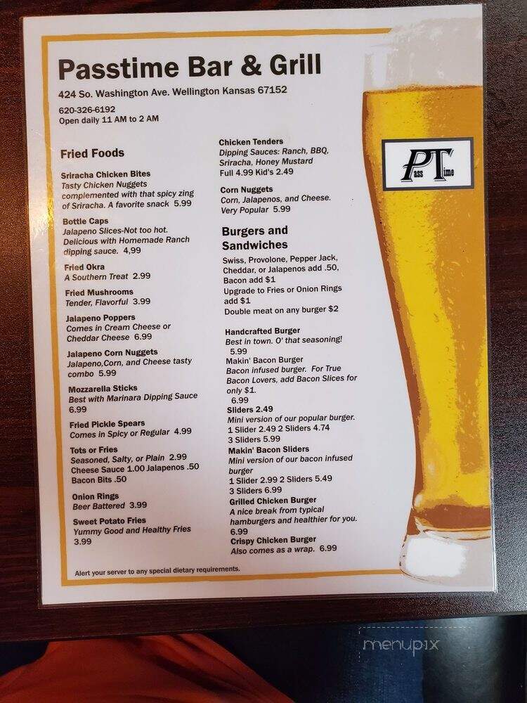 Passtime Bar - Wellington, KS menu_pic