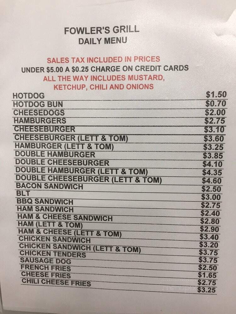 Fowler's Grill - Tabor City, NC menu_pic