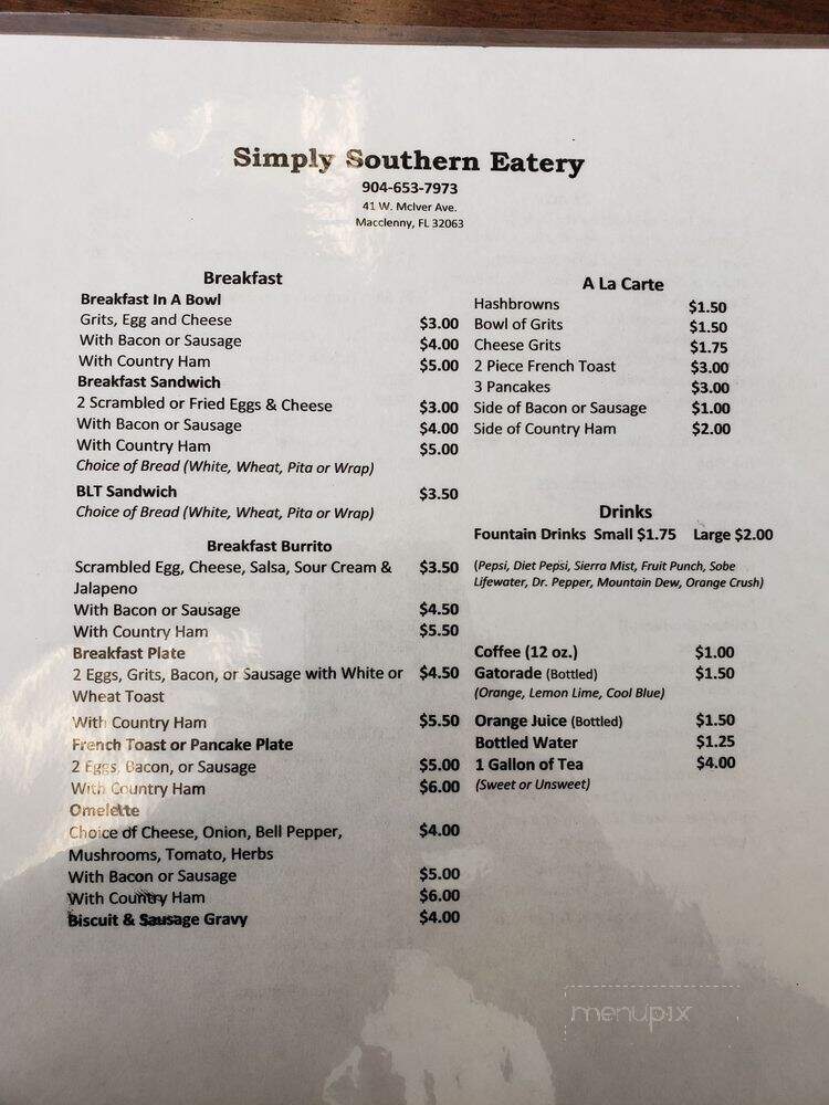 Simply Southern Eatery - Macclenny, FL menu_pic