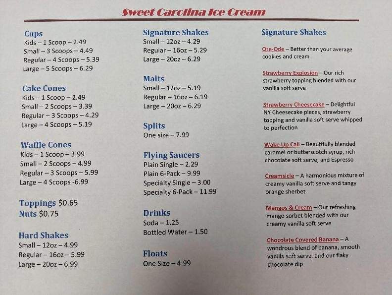 Sweet Carolina Ice Cream - Aberdeen, NC menu_pic
