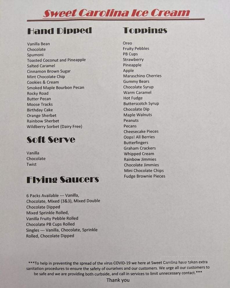 Sweet Carolina Ice Cream - Aberdeen, NC menu_pic