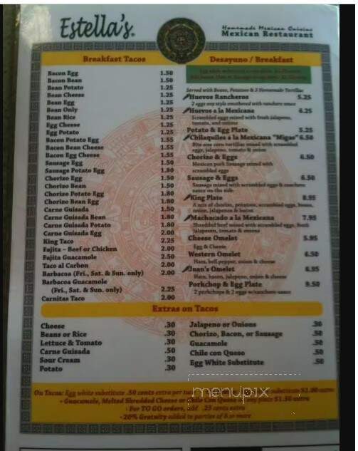 Estella's Mexican Restaurant - Arlington, TX menu_pic