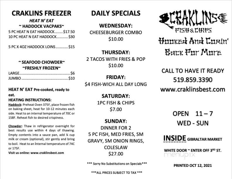 Craklins Fish & Chips - Lucan, ON menu_pic