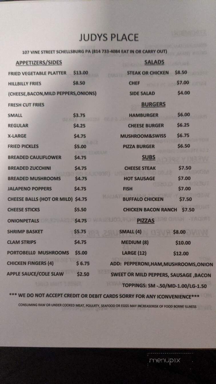 Judy's Place - Schellsburg, PA menu_pic