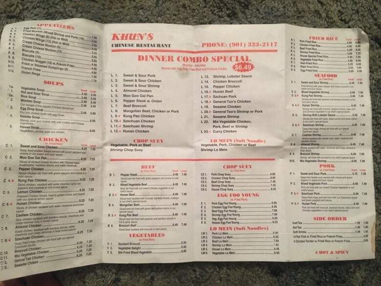 Khun's Restaurant - Memphis, TN menu_pic
