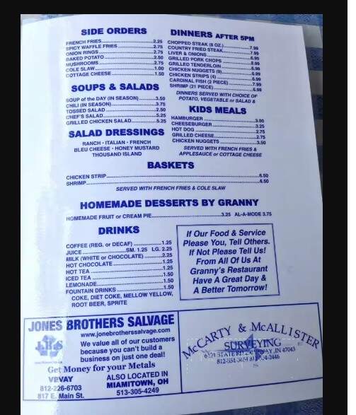 Granny's - Vevay, IN menu_pic