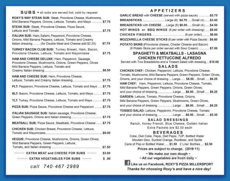 Roxy's Pizza & Restaurant - Millersport, OH menu_pic