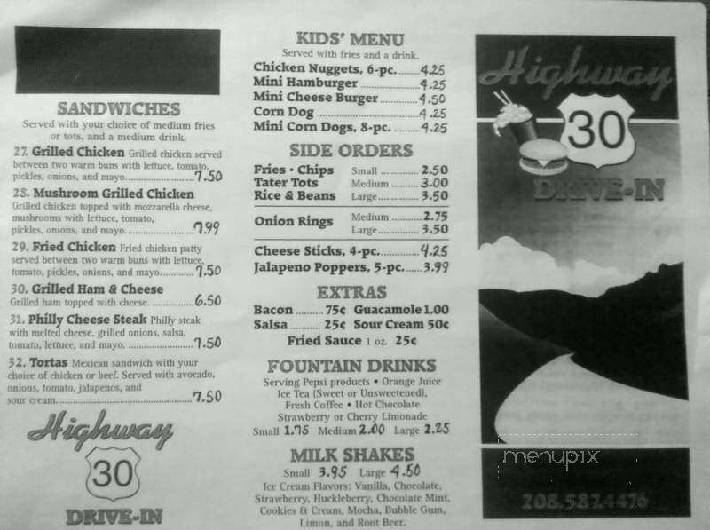 Highway 30 Drive In - Mountain Home, ID menu_pic