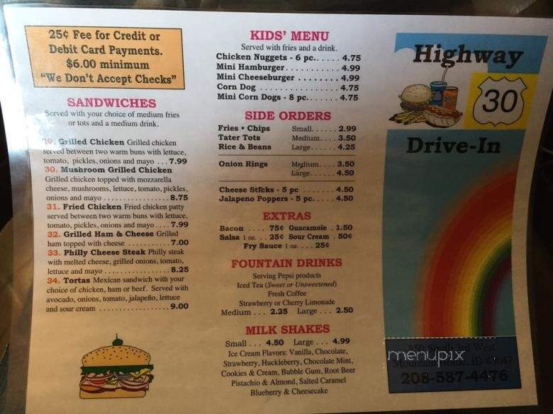 Highway 30 Drive In - Mountain Home, ID menu_pic