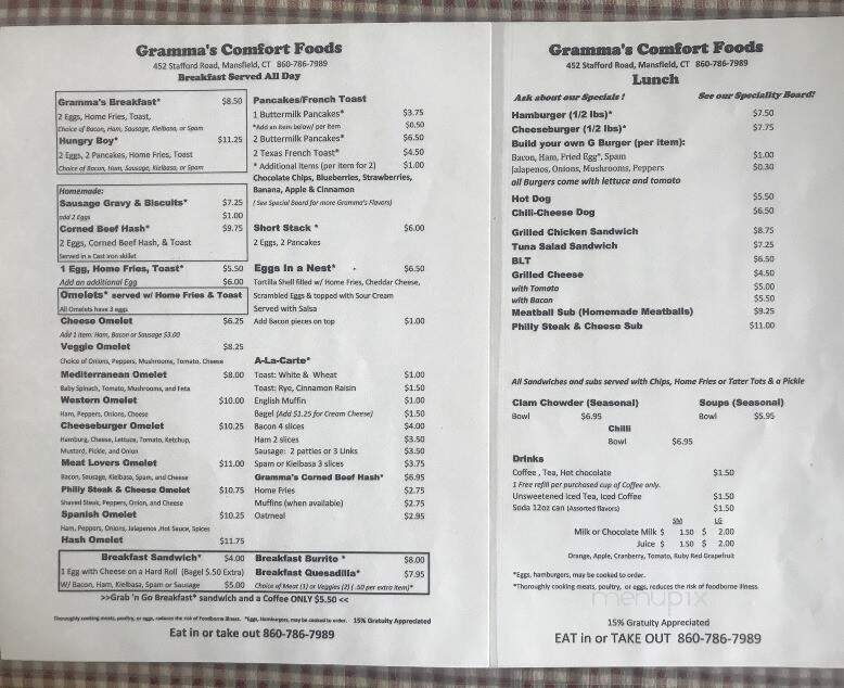 Gramma's Comfort Food - Mansfield Center, CT menu_pic