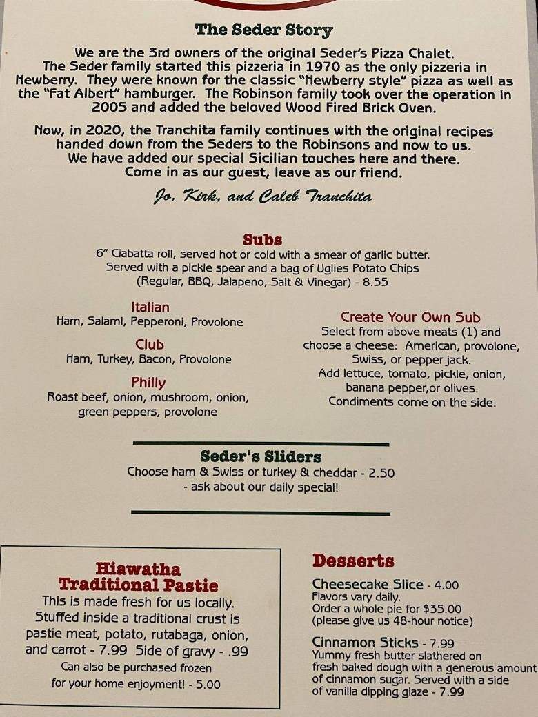 Seder's Pizza Chalet & Sub Shp - Newberry, MI menu_pic