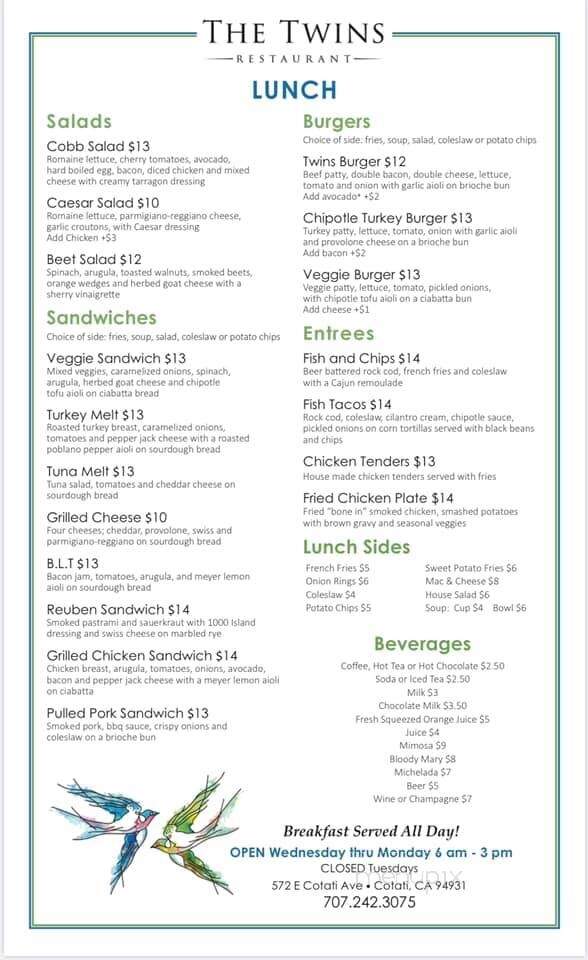 The Twins Restaurant - Cotati, CA menu_pic