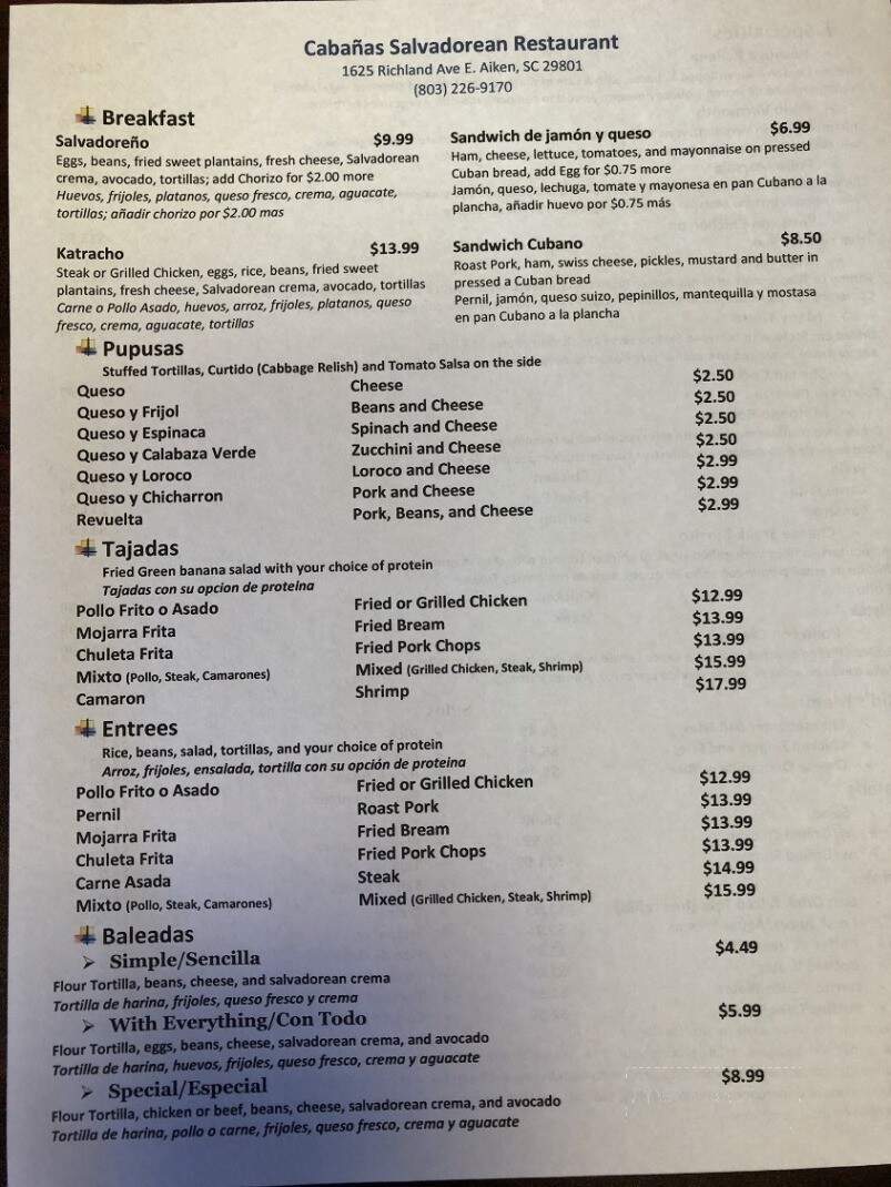 Cabanas Salvadorean Restaurant - Aiken, SC menu_pic