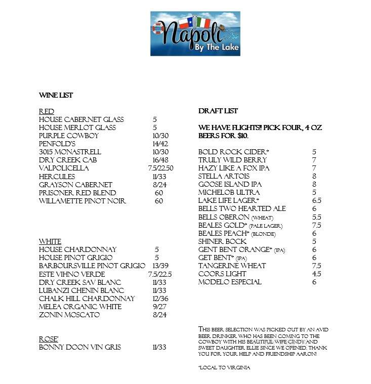 Napoli by the Lake - Moneta, VA menu_pic