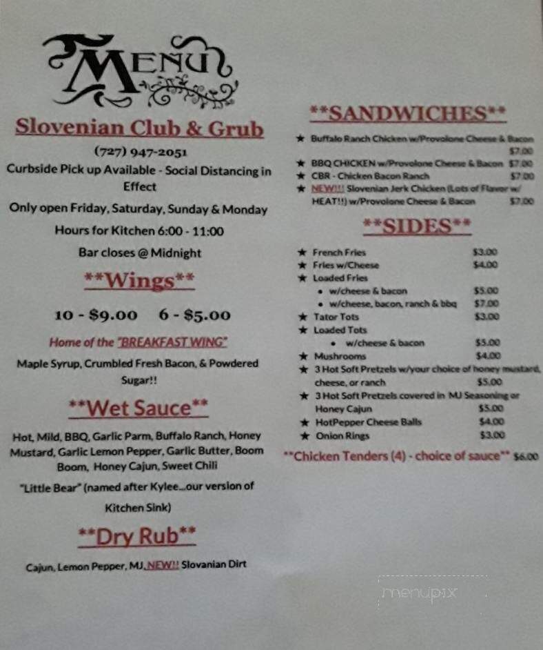 Slovenian Club - Burgettstown, PA menu_pic