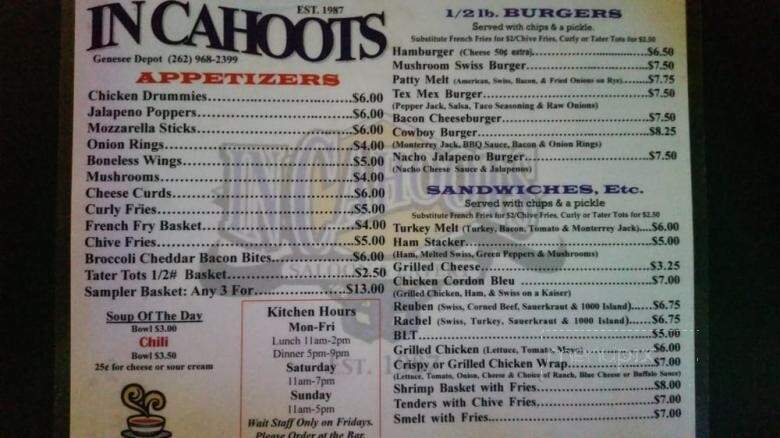 In Cahoots Co Incorporated - Genesee Depot, WI menu_pic