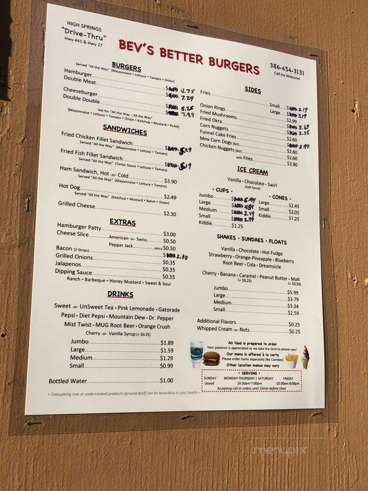 Bev's Better Burgers - Alachua, FL menu_pic