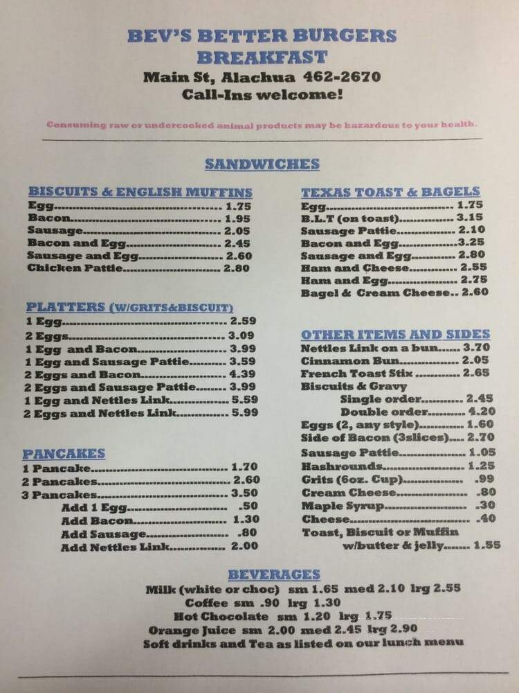Bev's Better Burgers - Alachua, FL menu_pic