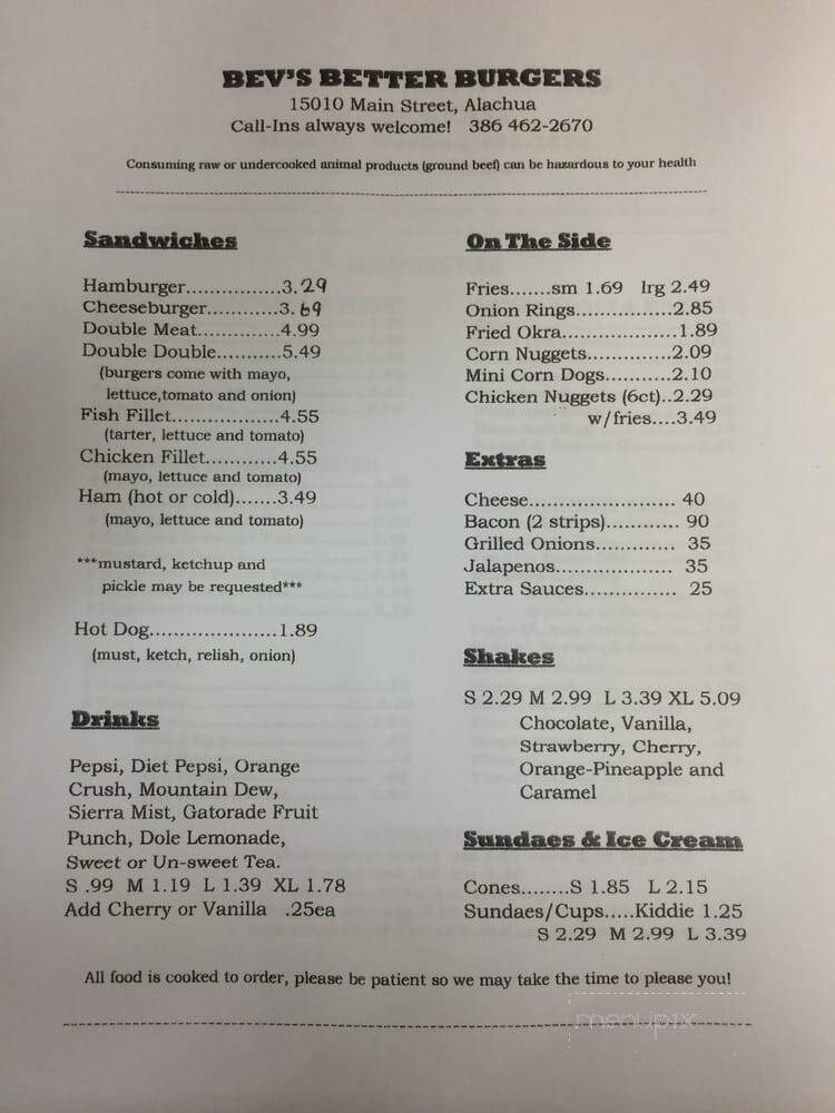 Bev's Better Burgers - Alachua, FL menu_pic